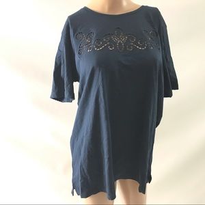 Elena Miro 'T-Shirt Size M Navy Blue Shortsleeve Tee Top Crew Women Embroidered